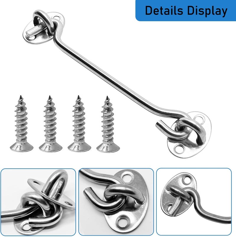 CUKAYO 4 Pack 6" Hook and Eye Gate Latch, Stainless Steel Rust-Resistant Barn Door Lock Cabin Hooks for Gate Shutters Window Slide Barn Shed Cabinet Bathroom, with 16pcs Screw,Silver - Image 3